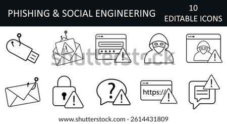phishing icon set, social engineering icons, fake login page, phishing email icon, hacker alert icon, baited USB stick, chat warning symbol, suspicious URL icon, cyber threat icons