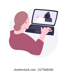 El phishing aisló ilustraciones vectoriales de dibujos animados. Especialista de TI con problemas de phishing, amenaza de ciberseguridad, notificación de advertencia en la pantalla, caricatura del vector de ataque de redes informáticas.