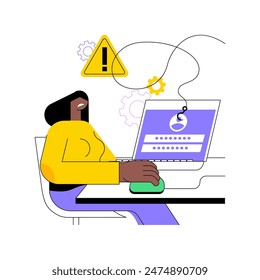 Phishing Ilustraciones vectoriales de dibujos animados aislados. Especialista en TI que tiene problemas de phishing, amenaza de ciberseguridad, aviso de advertencia en la pantalla, Vector de ataque de red de computadoras de dibujos animados.