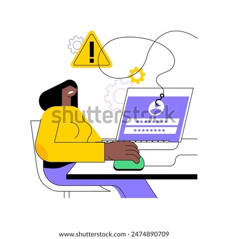 Phishing isolated cartoon vector illustrations. IT specialist having phishing problem, cybersecurity threat, warning notification on the screen, computer network attack vector cartoon.