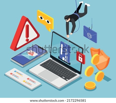 Phishing isometric background with cyber criminal stealing card password vector illustration