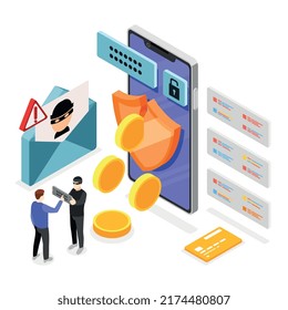 Fondo isométrico de suplantación de identidad (phishing) con correo electrónico fraudulento e ilustración de vector de seguridad craqueada