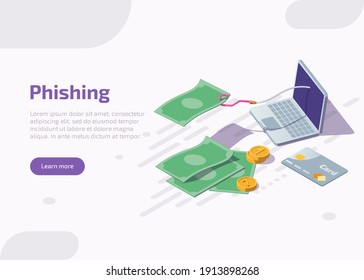 Página de inicio isométrica de phishing o banner web. El gancho de pesca atrapa la cuenta de dinero de la pantalla del portátil. Robo de estafa de datos personales en Internet por cuenta de hackers. Cibercrimen, 3d vector de ilustración plana.