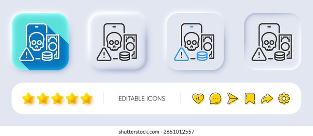 Ícone da linha de phishing. Neumórfico, sombra plana, botões 3d. Sinal de crime de embuste de dinheiro. Símbolo de fraude on-line ou ladrão. Ícone de phishing de linha. Ícones de mídia social. Vetor