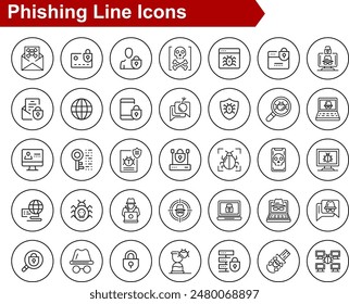 Iconos de línea de phishing. Seguridad de Internet, hackeo, conceptos de spam