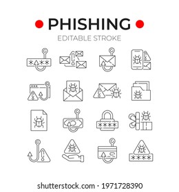 Phishing linear icons set. Spam. Hacking. Thin line customizable illustration. Contour symbol. Vector isolated outline drawing. Editable stroke