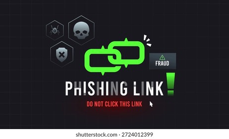 Concepto de alerta de Enlace de phishing con icono de cadena rota verde neón. Ideal para la detección de amenazas de seguridad cibernética, advertencias de fraude por correo electrónico y elementos visuales de protección de datos profesionales. Advertencia de Enlace de phishing de seguridad cibernética