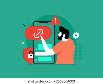 Phishing link detection with mobile security, suspicious link alerts and safe browsing. Phishing link detection to protect users from cyber threats and malicious websites vector illustration
