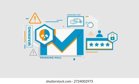 Concepto de alerta de correo de phishing con ícono de sobre, símbolo de cráneo y estilo de Vector plano de Iniciar sesión de advertencia. Visualización de amenazas de seguridad cibernética para temas de protección de datos y concienciación sobre el fraude en línea. advertencia y seguridad cibernética