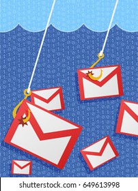 Phishing mail concept with an envelopes caught on a fishing hooks