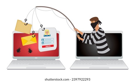 Phishing, man with fishing rod taking data from other laptop. Online crime. Isolated. Vector illustration.