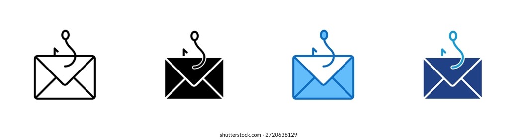 Phishing Multiple Style Icon Design Vetor - envelope com um gancho curvo emergindo da parte superior, representando táticas de e-mail enganosas destinadas a enganar os usuários para que revelem informações confidenciais
