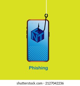 Phishing NFTs nonfungible tokens concept on light green background. Hacking personal information website. Cyber banking account attack. Online sucurity.