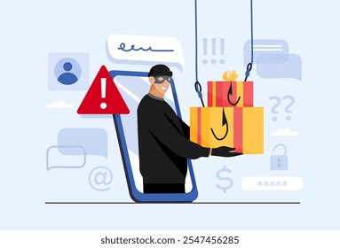 Phishing concepto de estafa en línea. El estafador de regalos roba Contraseñas y datos personales, delitos informáticos y seguridad en línea. Ilustración de dibujos animados de Vector plano.