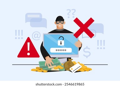 Phishing y estafa en línea, ciberdelito y seguridad de datos personales en el concepto de Internet. El estafador en la pantalla de la computadora roba dinero y datos personales. Ilustración vectorial plana.