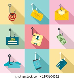 Phishing phone attack scamming icon set. Flat set of phishing phone attack scamming vector icons for web design