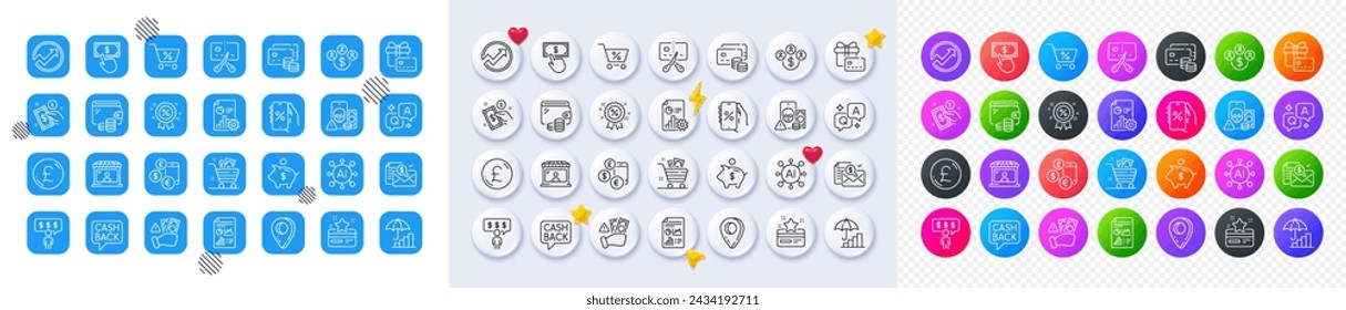 Phishing, Report document and Employee benefits line icons. Square, Gradient, Pin 3d buttons. AI, QA and map pin icons. Pack of Money, Discounts app, Wallet icon. Vector