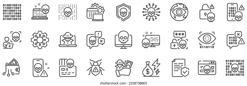Phishing risk, Data ransomware, Binary code. Cyber attack line icons. Hacker attack, Virus secure, Malware bug outline icons. Cyber crime, Safe password and Data phishing. System hacking skull. Vector