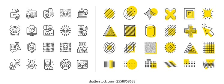 Phishing risk, Data ransomware, Binary code. Design shape elements. Cyber attack line icons. Hacker attack, Virus secure, Malware bug outline icons. Vector