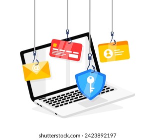 Phishing Scam Alert Concept. Phishing scam, hooks bait with email, card, and shield. Vector illustration