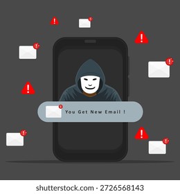 La estafa de phishing alerta a los hackers que envían correos electrónicos maliciosos a los teléfonos inteligentes. Advertencia sobre ciberdelitos, fraude de correo electrónico, amenazas en línea y riesgos de seguridad digital.