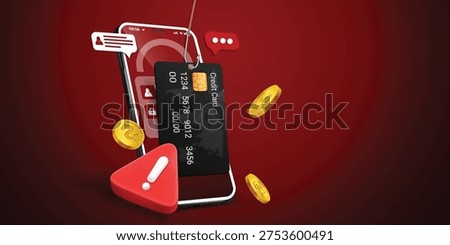 Phishing scam concept with fishing hook stealing credit card from smartphone screen, 3D illustration of financial fraud, cyber security breach, online theft and digital banking identity theft.	