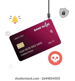 Conceito de golpes de phishing: o cartão distorcido ilustra ameaças cibernéticas, hackers de contas bancárias, fraude on-line, roubo de identidade e violação de dados financeiros