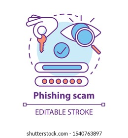 Phishing scam concept icon. Authorization. Internet security from thieves. Cybercrime and fraud. Login and password entry idea thin line illustration. Vector isolated outline drawing. Editable stroke