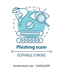 Phishing scam concept icon. Authorization. Internet security from thieves. Cybercrime and fraud. Login and password entry idea thin line illustration. Vector isolated outline drawing. Editable stroke