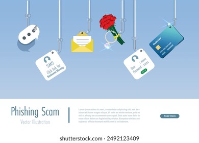 Phishing scam, cyber attack and digital crime. Online phishing hook with SMS fraud link, credit card, flower on romance scam, password hacking and fake message. Vector.