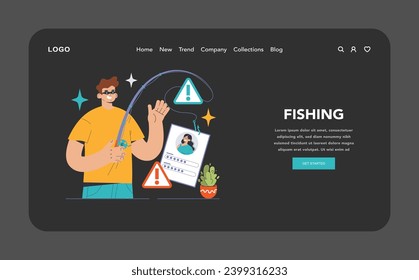 Estafa de suplantación de identidad (phishing) en la web de modo oscuro o nocturno, aterrizando. El hombre percibe una trampa de correo electrónico engañosa, ilustrada por una barra de pesca que atrae un perfil digital. Cuidado con el ciberengaño. Ilustración vectorial plana.