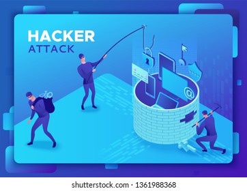 Phishing-Betrug, Hacker-Angriff, Mobile Security Concept, Datenschutz, Cyberkriminalität, 3D-Isometrie-Vektorillustration, Fingerabdruck, Smartphone-Informationssicherheit