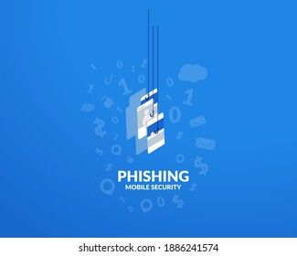 Phishing scam, hacker attack network and online internet security. Hacking credit cards, passwords and personal information.Cyber banking account attack and email phishing concept. Illustrator vector.