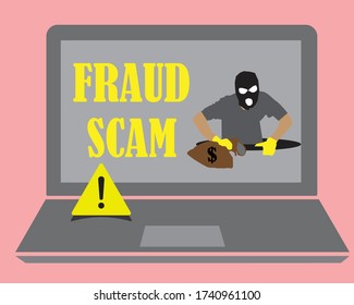 Phishing scam, hacker attack on laptop vector illustration