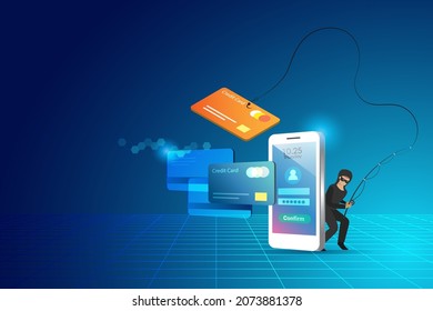 Phishing scam, hacker attack. Hacker online phishing credit card password from user account on digital device and smartphone.	Cyber security awareness concept.