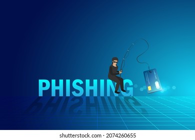 Estafa de phishing, ataque de hackers. Hacker datos de tarjetas de crédito de phishing en línea de usuario digital en la palabra Phishing. Concepto de conciencia de la seguridad cibernética.