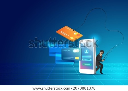 Phishing scam, hacker attack. Hacker online phishing credit card password from user account on digital device and smartphone.	Cyber security awareness concept.