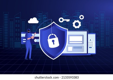 Phishing scam, hacker crime attack and personal data security concept. Hacker try to unlock the key on computer and phishing account, stealing password. cyber security vector illustration