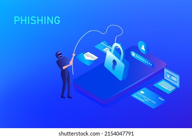 Phishing scam, hacker crime attack and personal data security concept. Hacker try to unlock the key and phishing account, stealing password. cyber security vector illustration