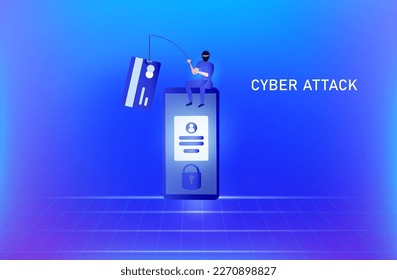 Escándalo de phishing, ataque de hackers y concepto de seguridad de datos personales. Hacker robando ilustración vectorial de contraseña de tarjeta de crédito en línea