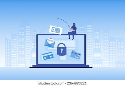 Phishing scam, hacker crime attack and personal data security concept. Hacker try to unlock the key on computer and phishing account, stealing password. cyber security vector illustration
