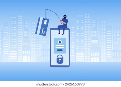 Estafa de phishing, ataque de piratas informáticos y concepto de seguridad de datos personales. Hacker robando en línea tarjeta de crédito contraseña ilustración vectorial