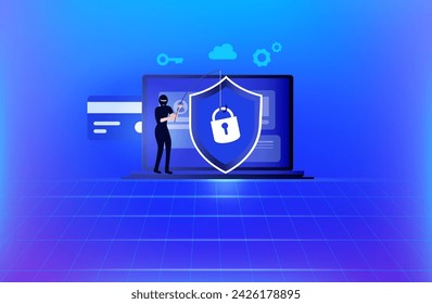 Estafa de phishing, ataque de piratas informáticos y concepto de seguridad de datos personales. Hacker robando en línea tarjeta de crédito contraseña ilustración vectorial