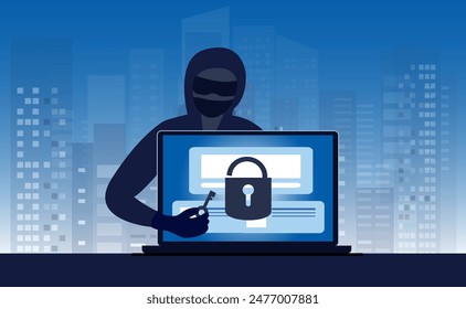 Phishing scam, hacker crime attack and personal data security concept. Hacker try to unlock the key on computer and phishing account, stealing password. cyber security vector illustration