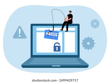 Estafa de phishing, ataque de crimen de hacker y concepto de seguridad de datos personales. Hacker intenta desbloquear la clave en la computadora y la Cuenta de phishing, robando la Contraseña. Ilustración vectorial de seguridad cibernética.