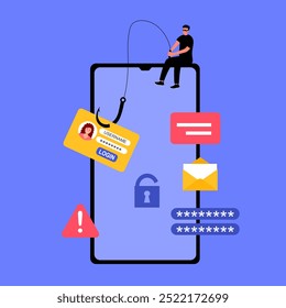 Phishing scam, hacker crime attack and personal data security concept. Hacker try to unlock the key on mobile phone and phishing account, stealing password. Smartphone security vector illustration.