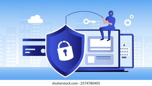 Phishing scam, hacker crime attack and personal data security concept. Hacker try to unlock the key on computer and phishing account, stealing password. cyber security vector illustration
