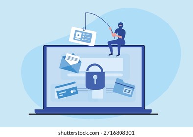 Fraude de phishing, ataque de crimes de hackers e conceito de segurança de dados pessoais. Hacker tenta desbloquear a chave no computador e conta de phishing, roubando senha.