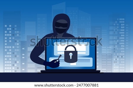 Phishing scam, hacker crime attack and personal data security concept. Hacker try to unlock the key on computer and phishing account, stealing password. cyber security vector illustration