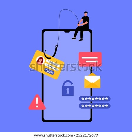 Phishing scam, hacker crime attack and personal data security concept. Hacker try to unlock the key on mobile phone and phishing account, stealing password. Smartphone security vector illustration.